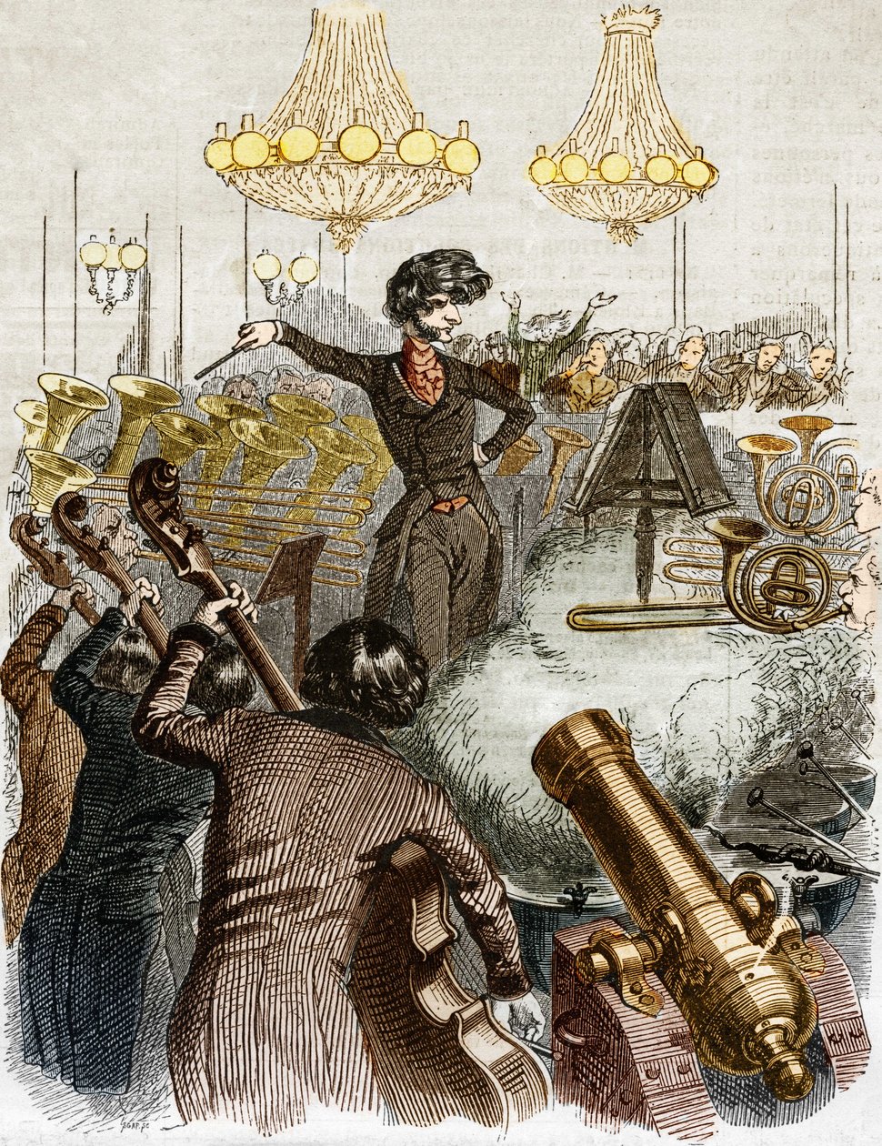 En konsert har ett maskingevär. Tecknad film av Hector Berlioz som dirigerar en orkester. I "" Jerome Paturot på jakt efter en social position"" illustrerad av Grandville. av Grandville