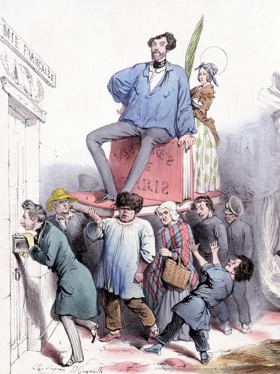 Alfred de Vigny knackar på dörren till Akademien med sina kompletta verk, och Eugène Sue, sittande på "" Les mystères de Paris"", klädd i prins Rodolphes blå dukpalett - av Grandville, i "" Le Charivari""" av 21/02/1844 av Grandville