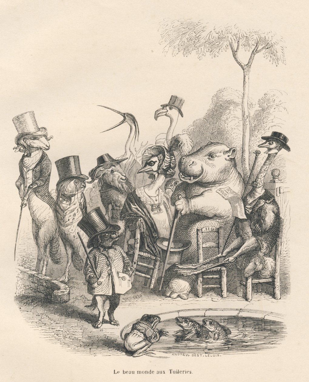Djur i eleganta kläder går i Tuilerierna. Vinjetter illustrerade av JJ Granville. Gravyr signerad Andrew, Best och Leloir i delen "History of a hase" skriven av PJ Stahl i "Scener av djurens privata och offentliga liv". Slå vad av Grandville