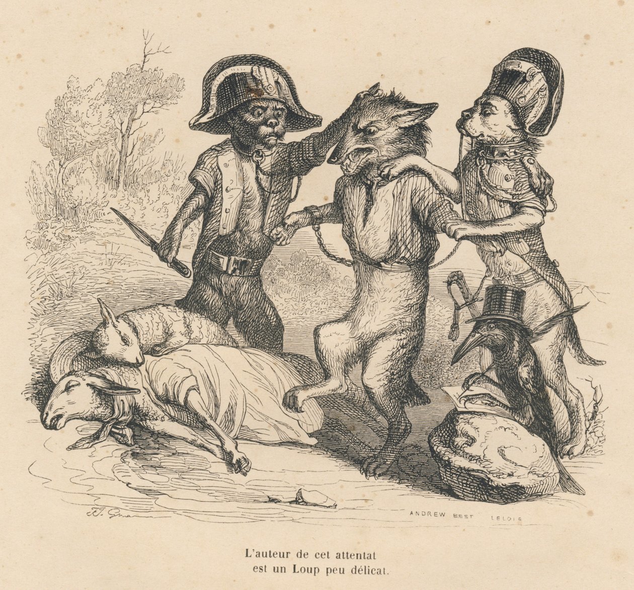 Arrest av en varg som just har dödat två får. Vignetter illustrerade av JJ Granville. Gravyr signerad Andrew, Best och Leloir i delen "Cour criminelle de justice animale" skriven av Emile de La Bedolliere i "Scenes de la vie privee et p av Grandville