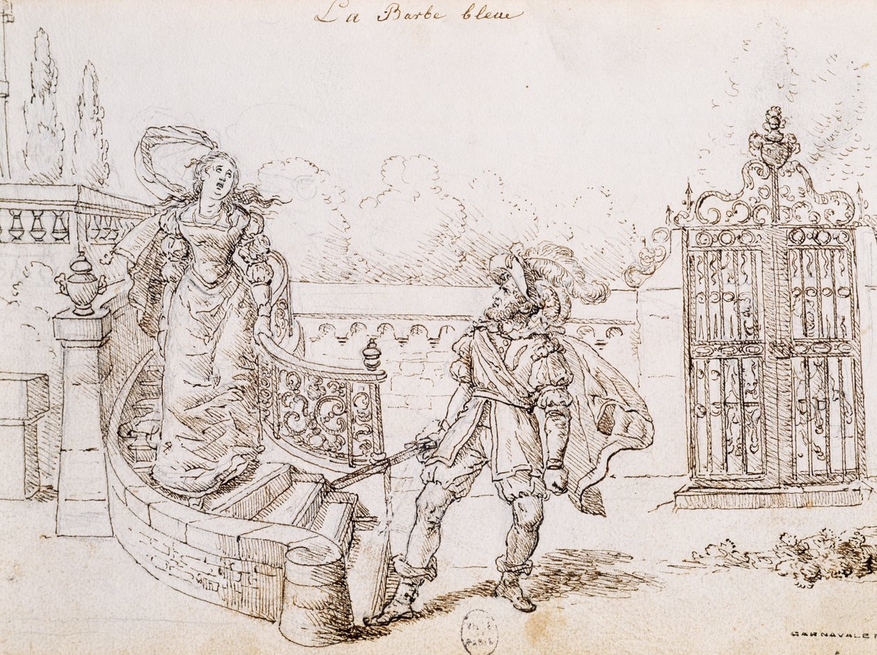 Blåskägg, illustration till saga av Charles Perrault (1628-1703), gravyr av Grandville (1803-1847) av Grandville
