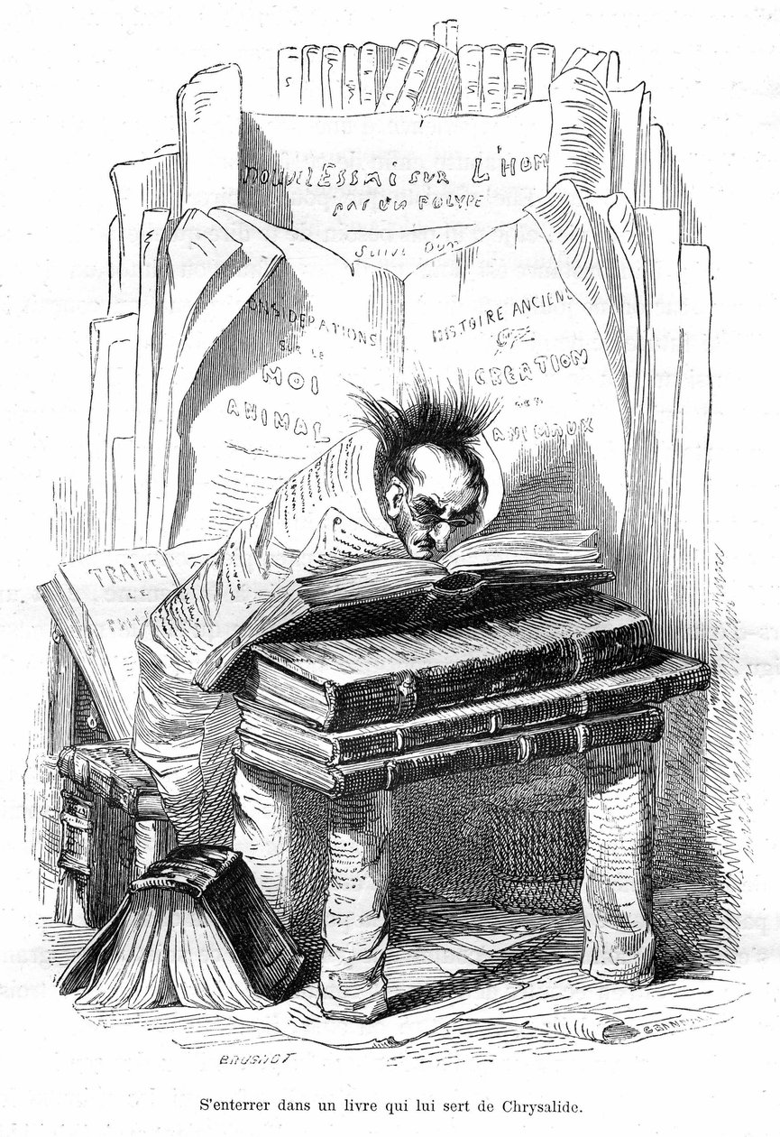 Tecknad bild: Chrysalid av en lärd begravd i böckerna i ett bibliotek - Grandvillegravyr, hämtad ur boken "Djurens privata och offentliga liv (Les animaux peints par leurs memes)", Hetzel edition 1867 s. 563 - Kapitel med titeln Tablets of the G av Grandville (1803 47)