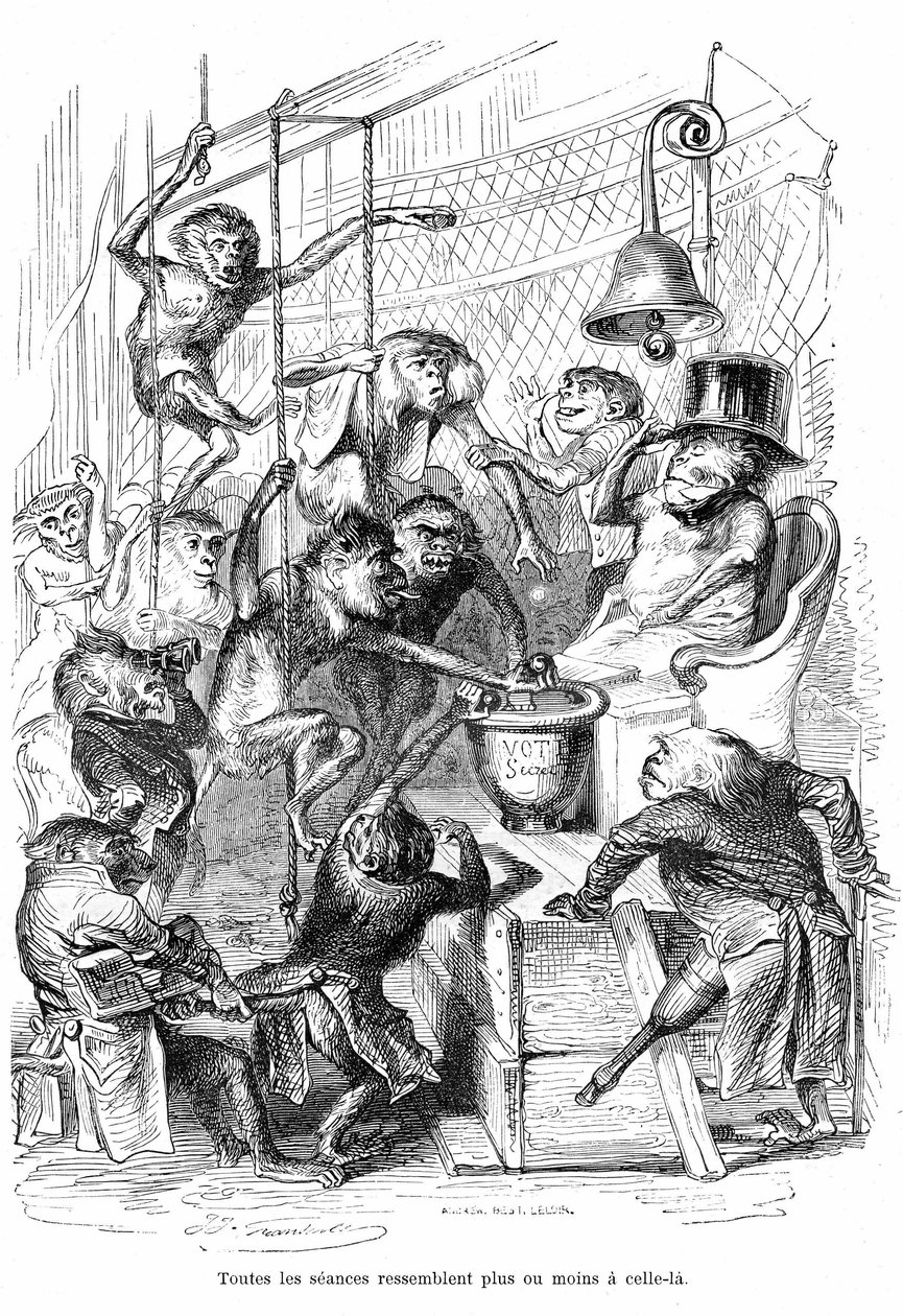 Tecknad bild: La Chambre des Deputes vue comme un Palais des Monpes - Gravyr av Grandville, hämtad ur boken "Djurens privata och offentliga liv (Les animaux peintes pa them memes)", Hetzel edition 1867 s. 566 - Kapitel med titeln "Tavlor från Gira av Grandville (1803 47)