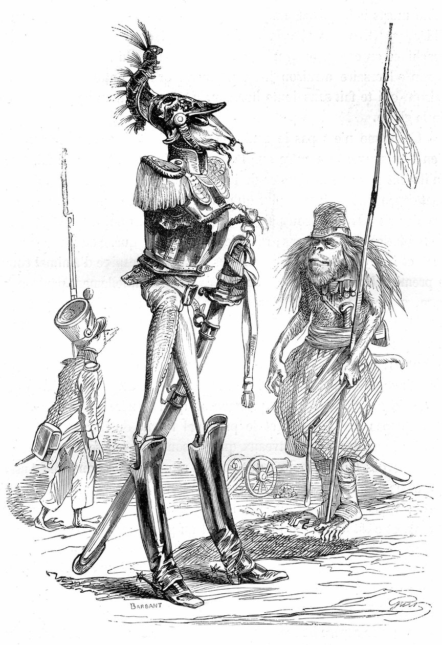 Tecknad bild av djur - soldater: Gravyr från Grandville, hämtad ur boken "Djurens privata och offentliga liv" ("Les animaux ints par eux memes"), Hetzel edition 1867 s. 561 - Kapitel med titeln "Giraffens tabletter", skrivet av Charles Nodier. Utdrag ur av Grandville (1803 47)
