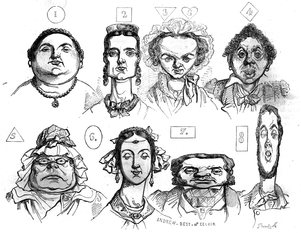 Tecknade serier som illustrerar de olika formerna av ansikte, uttryck, som associerar dem med distinkta moraliska egenskaper av Jean Ignace Isidore Gerard Grandville (1803 -1847). I "" Den pittoreska butiken"" 1835 av Grandville