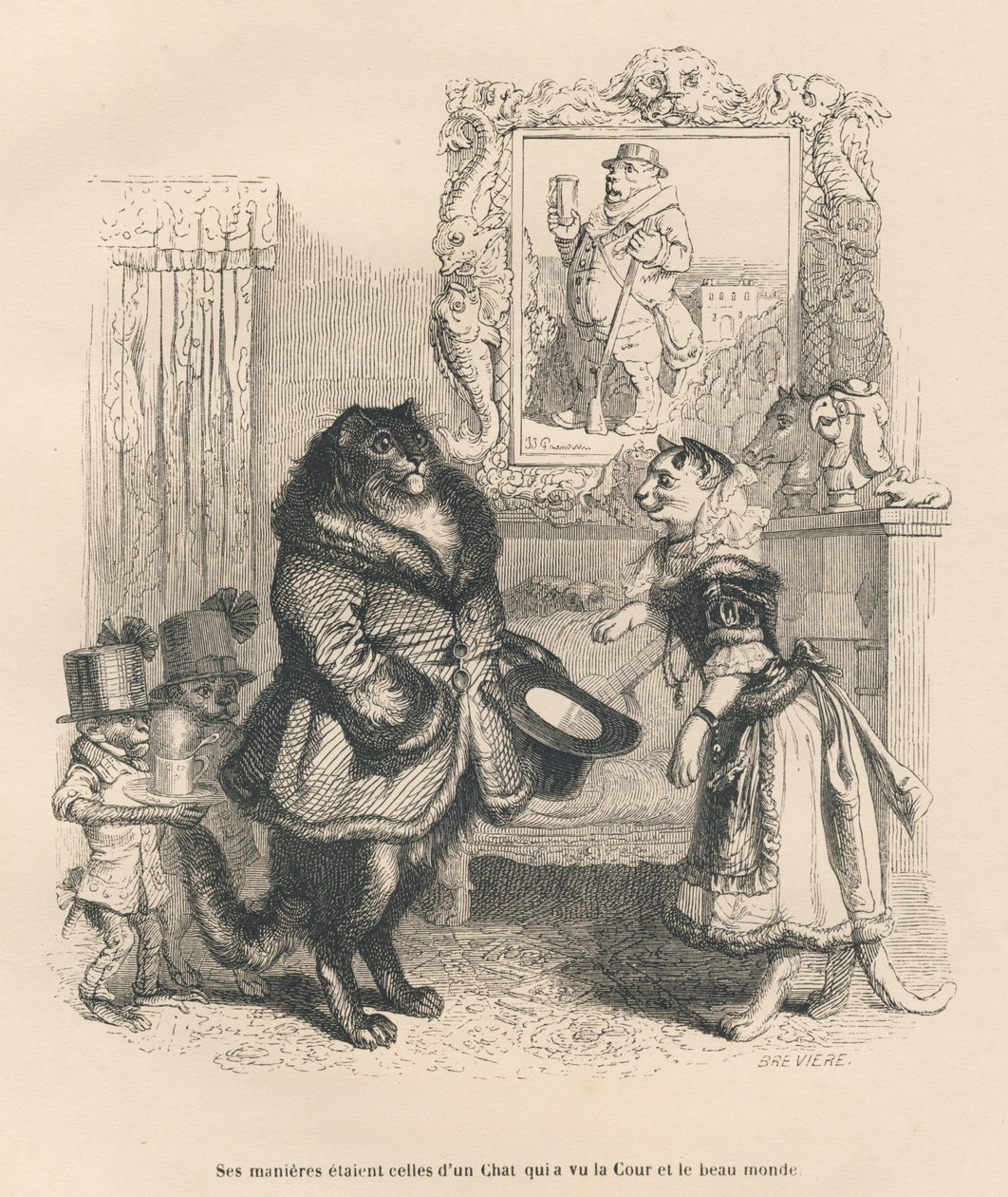 Hovkatt som hälsar en ung kvinnlig katt. Miniatyrer illustrerade av JJ Granville. Gravyr signerad Breviere i delen med titeln "Court pains of an English cat" skriven av Honore de Balzac i "Scener från djurens privata och offentliga liv". Paris, J av Grandville