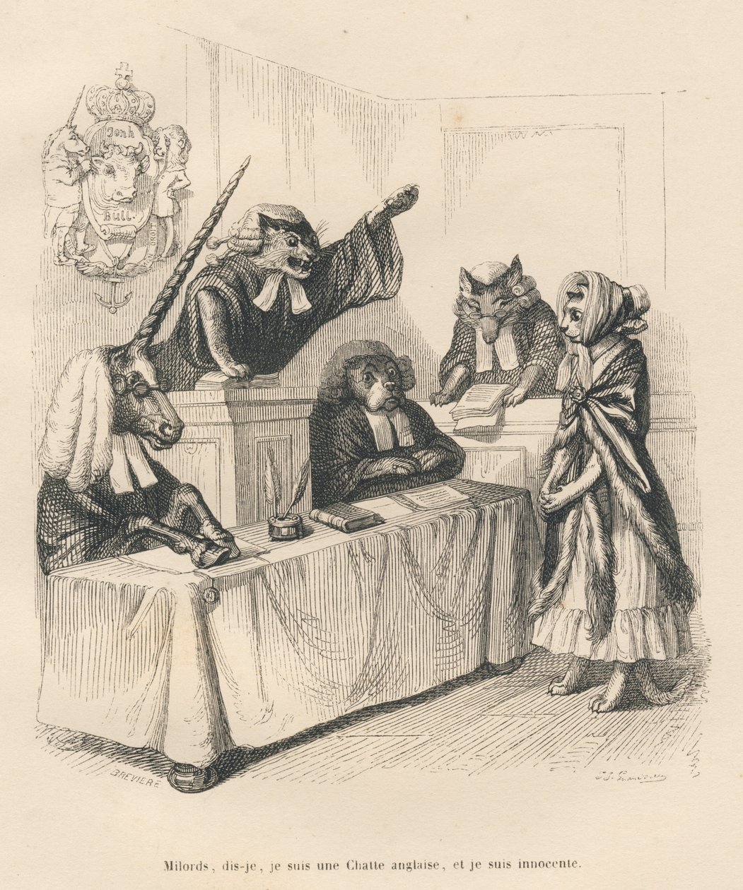 Katt som försvarar sig i en domstol bestående av en enhörning, en katt, en hund och en varg. Miniatyrer illustrerade av JJ Granville. Gravyr signerad Breviere i delen med titeln "Court pains of an English cat" skriven av Honore de Balzac i "Sc av Grandville