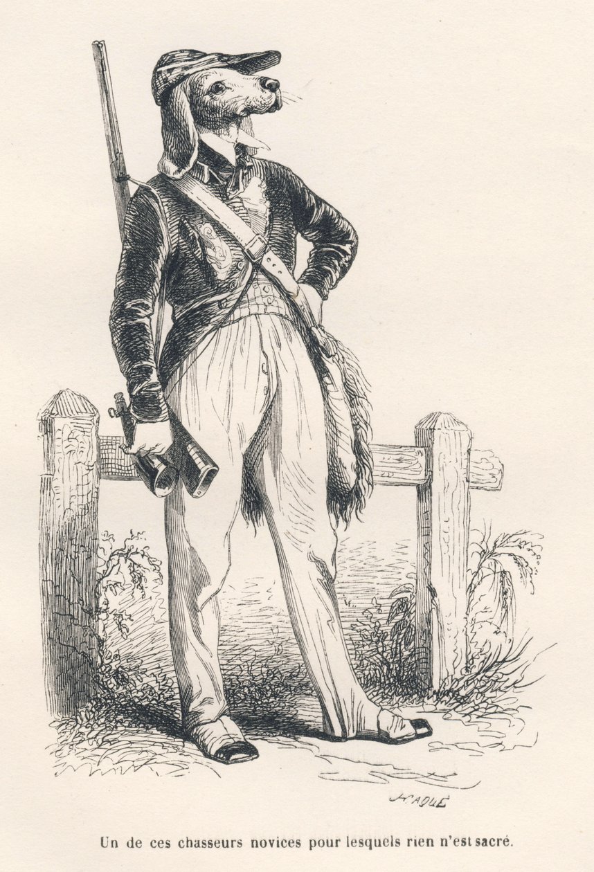 Hund i jaktkläder. Miniatyrer illustrerade av JJ Granville. Gravyr signerad Caque i delen med titeln "Memories of an old crow" skriven av PJ Stahl i "Scener från djurens privata och offentliga liv". Paris, J. Hetzel och Paulin av Grandville