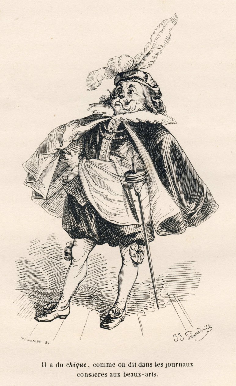 Hund med chic. Vinjetter illustrerade av JJ Granville. Gravyr signerad Tamisier i delen med titeln "Le premier feuilleton de Pistolet" skriven av Jules Janin i "Scener av djurens privata och offentliga liv". Paris, J. Hetzel och Paulin av Grandville