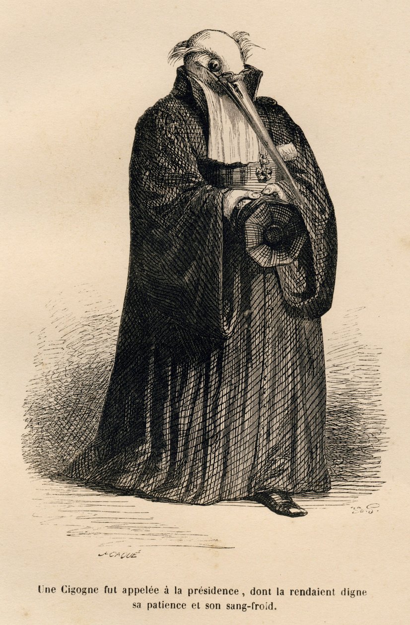 Stork i domare. Miniatyrer illustrerade av JJ Granville. Gravyr signerad Caque i delen med titeln "Criminal Court of Animal Justice" skriven av Emile de La Bedolliere i "Scener från djurens privata och offentliga liv". Paris, J. Hetzel och Paulin av Grandville