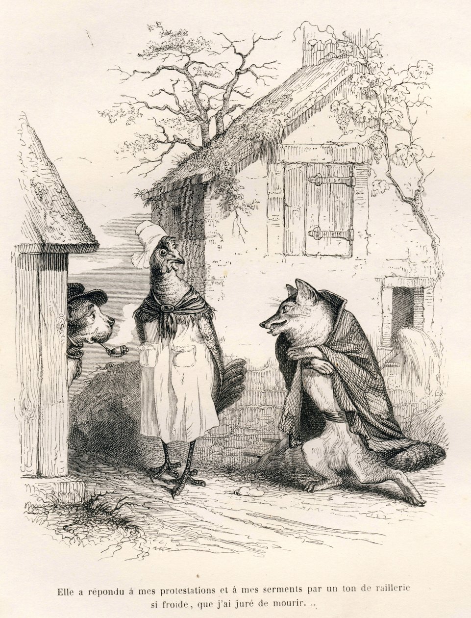 Samtal mellan en hund, en höna och en räv. Vignetter illustrerade av JJ Granville. Gravyr signerad Godard i delen "Un renard pris au piege" skriven av Charles Nodier i "Scenes de la vie privee et publique des animaux". Paris, J. H. av Grandville