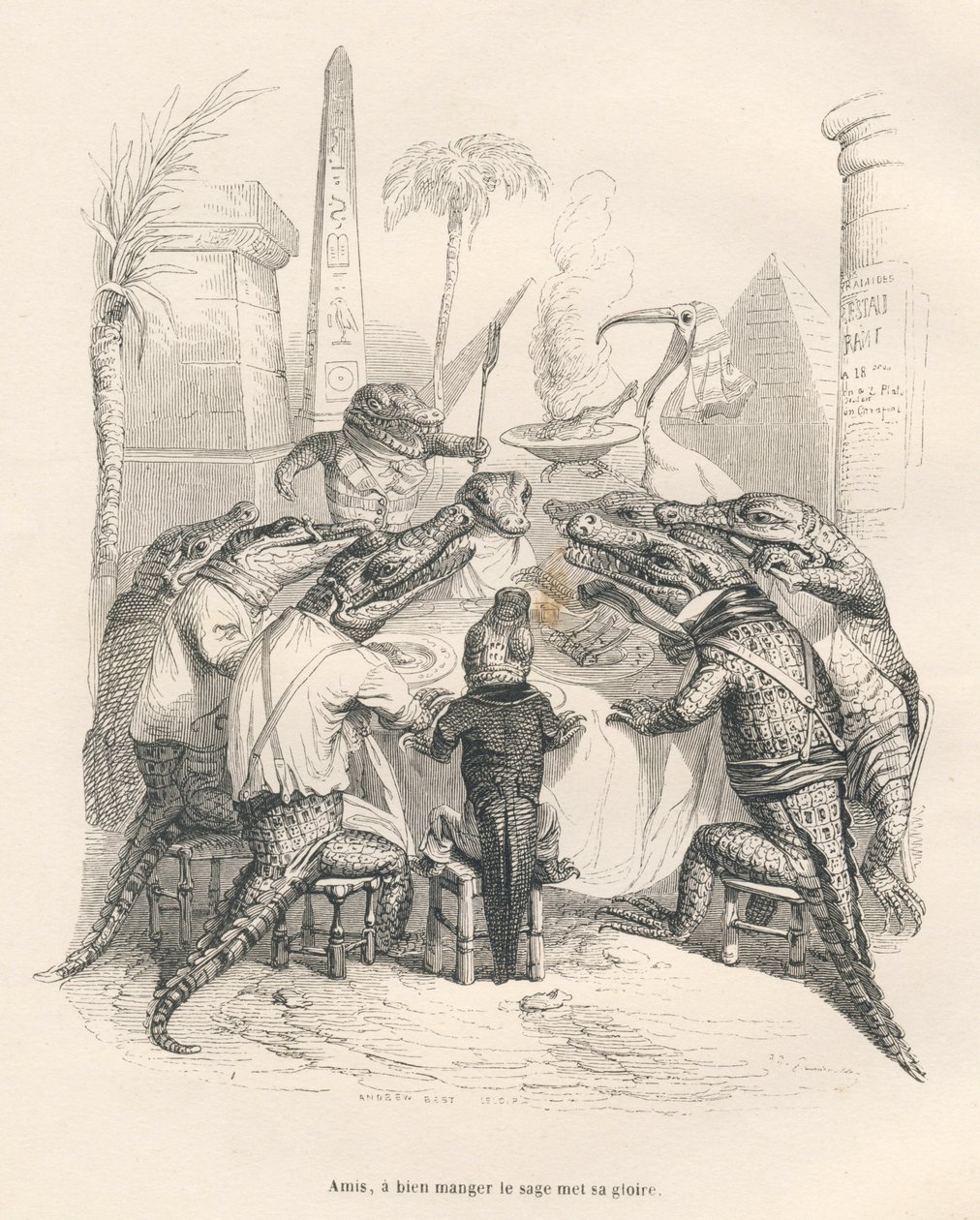 Krokodiler runt ett bord i Egypten. Miniatyrer illustrerade av JJ Granville. Gravyr signerad Andrew, Best och Leloir i delen med titeln "Memories of a crocodile" skriven av Emile de La Bedolliere i "Scener från djurens privata och offentliga liv". av Grandville