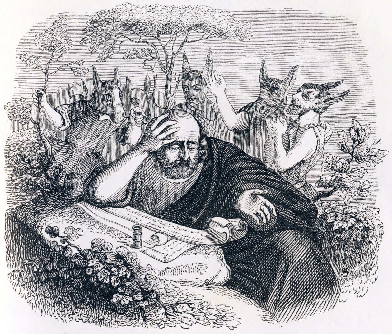 Demokrit (460-370 f.Kr.). och abderitanerna. (Brev från Hippokrates) - Fabler av La Fontaine av Grandville