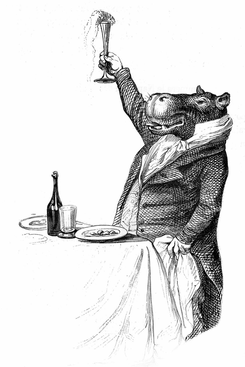 Detalj av en gravyr av Grandville, hämtad ur boken Private and Public Life of Animals (Les animaux ints par eux memes), edition Hetzel 1867 - Flodhästen världsvan vid ett bord höjer sitt glas och utbringar en skål. av Grandville (1803 47)
