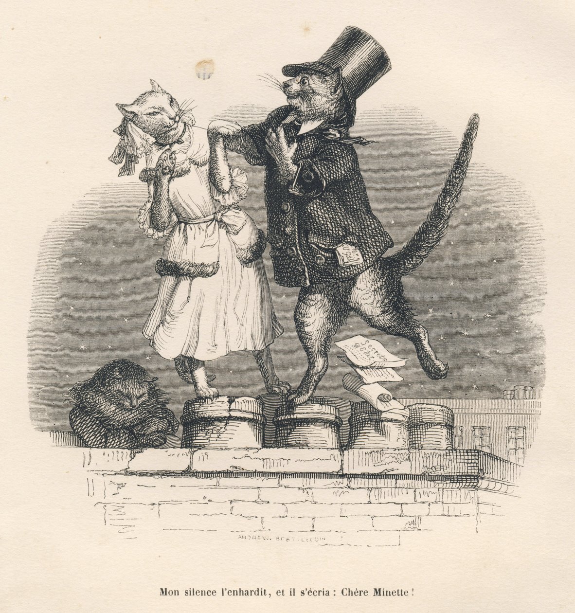 Två katter som förför varandra på ett tak. Miniatyrer illustrerade av JJ Granville. Gravyr signerad Andrew, Best och Leloir i delen med titeln "Court pains of an English cat" skriven av Honore de Balzac i "Scener från djurens privata och offentliga liv av Grandville