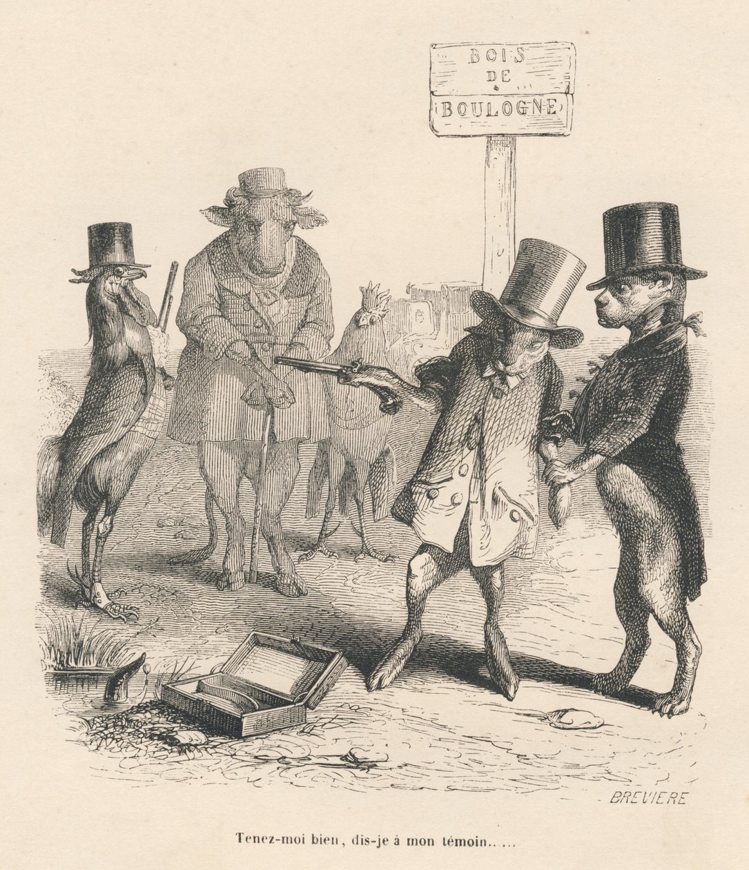 Duell i Bois de Boulogne. Miniatyrer illustrerade av JJ Granville. Gravyr signerad Breviere i delen "Berättelsen om en hare" skriven av PJ Stahl i "Scener ur djurens privata och offentliga liv". Paris, J. Hetzel och Paulin av Grandville
