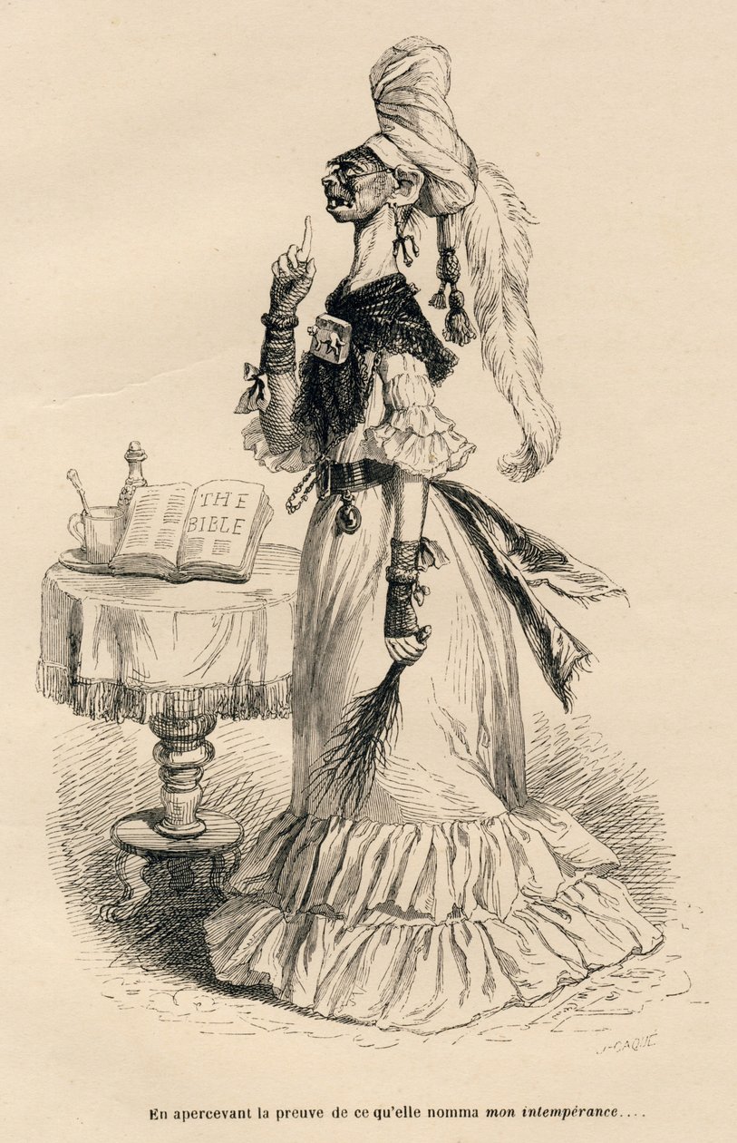 Att se bevis på vad hon kallade min oförskämdhet. Miniatyrer illustrerade av JJ Granville. Gravyr signerad Caque i delen med titeln "Court pains of an English cat" skriven av Honore de Balzac i "Scener från det privata och offentliga livet i av Grandville