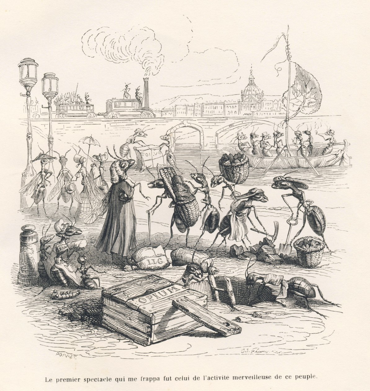 Myror i full aktivitet vid Seines strand. Miniatyrer illustrerade av JJ Granville. Gravyr signerad Porret i delen med titeln "En sparvs resa från Paris" skriven av George Sand i "Scener från djurens privata och offentliga liv". Paris, av Grandville