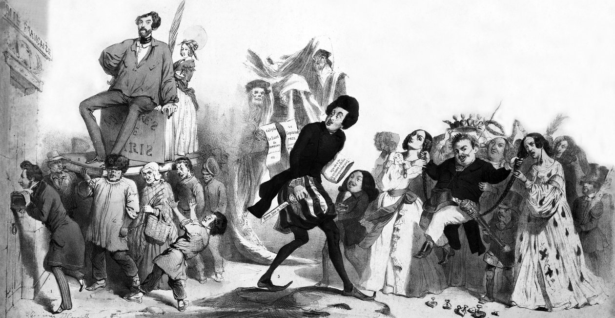 Franska romantiska författare (Alfred de Vigny, Victor Hugo, Alexandre Dumas fadern, Honore de Balzac ) vill komma in i Franska Akademien men dörrarna är stängda, gravyr av Grandville (1803 47)