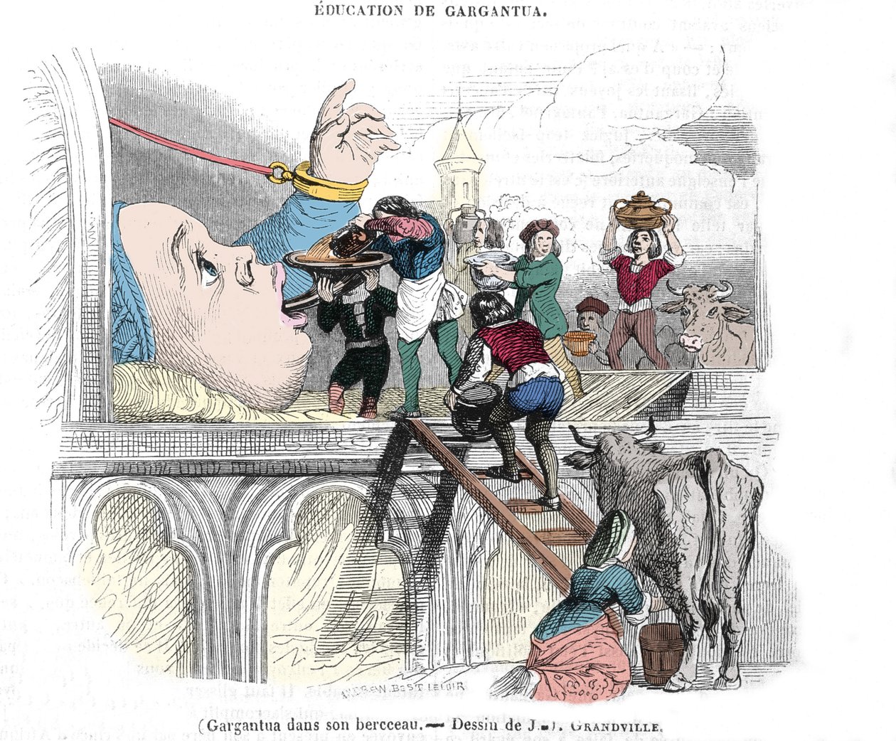 Gargantua karaktär av romanerna av Francois Rabelais (1483-1553), fransk författare: "" Utbildningen av Gargantua""" Gargantua i sin vagga. Illustration av Gerard Grandville (1803-1847) 1800-talet av Grandville