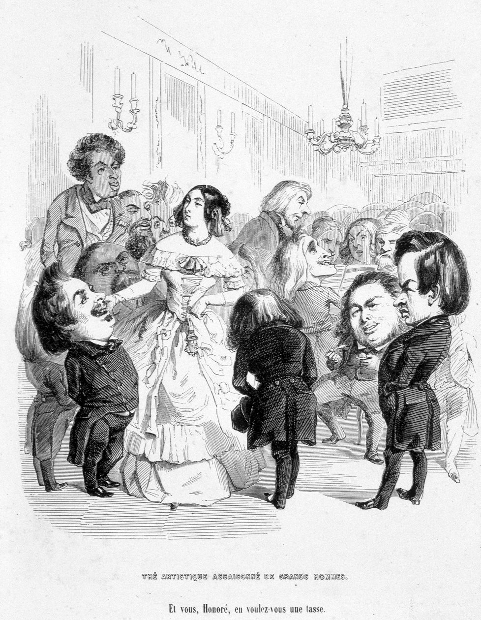 George Sand (Aurore Dupin, Baronne Dudevant) (1804-1876) omgiven av 4 författare: Eugene Sue, Honore de Balzac, Franz Litz och Victor Hugo - i "På jakt efter en social position" av Jerome Paturot av Grandville