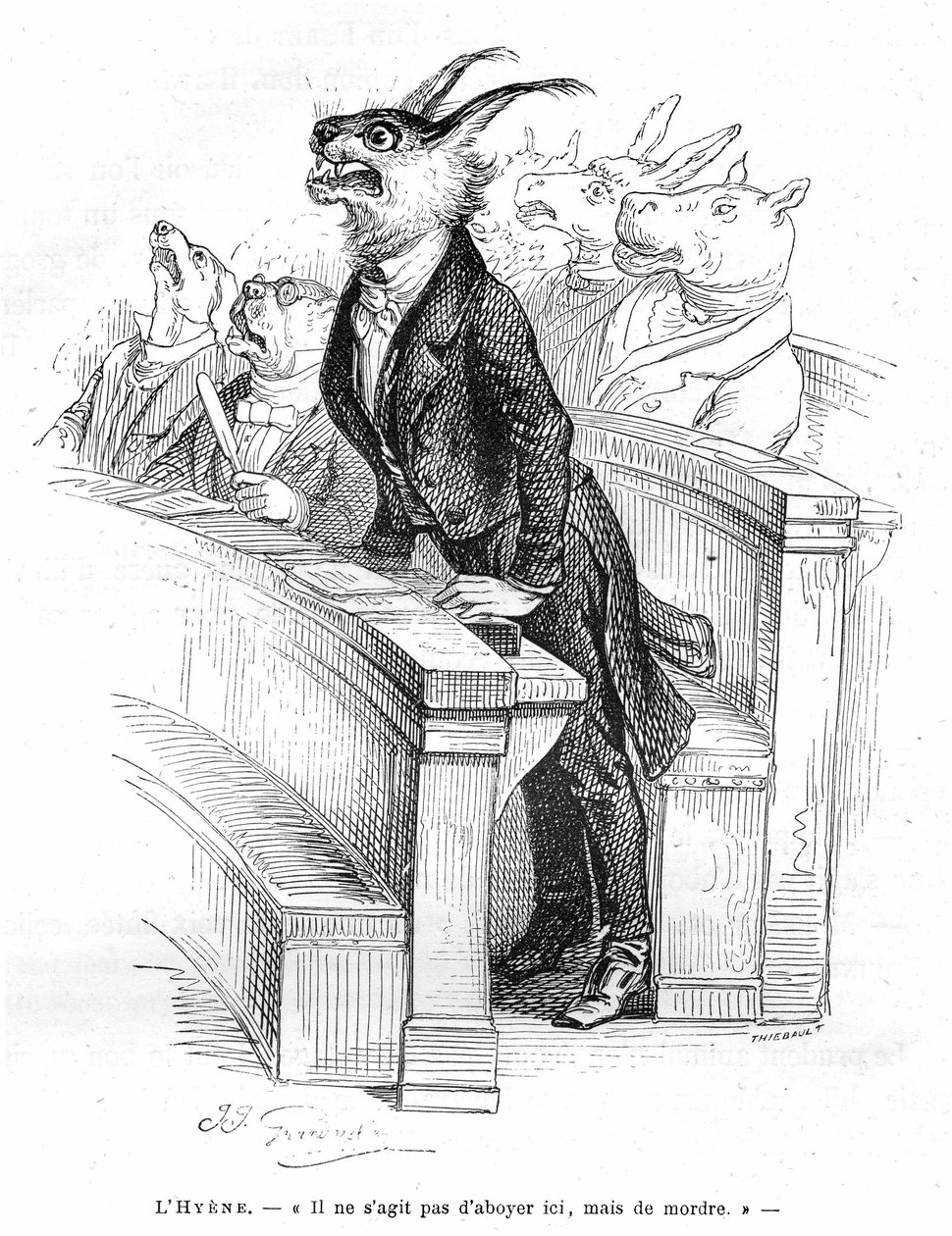 Grandville gravyr, hämtad ur boken Private and Public Life of Animals (Les animaux ints par them memes), edition Hetzel 1867 - Karikatyr av en mänsklig politisk församling - I de vagnar som upptas av olika djur (hundar, åsnor, flodhästar...), en hyen av Grandville (1803 47)