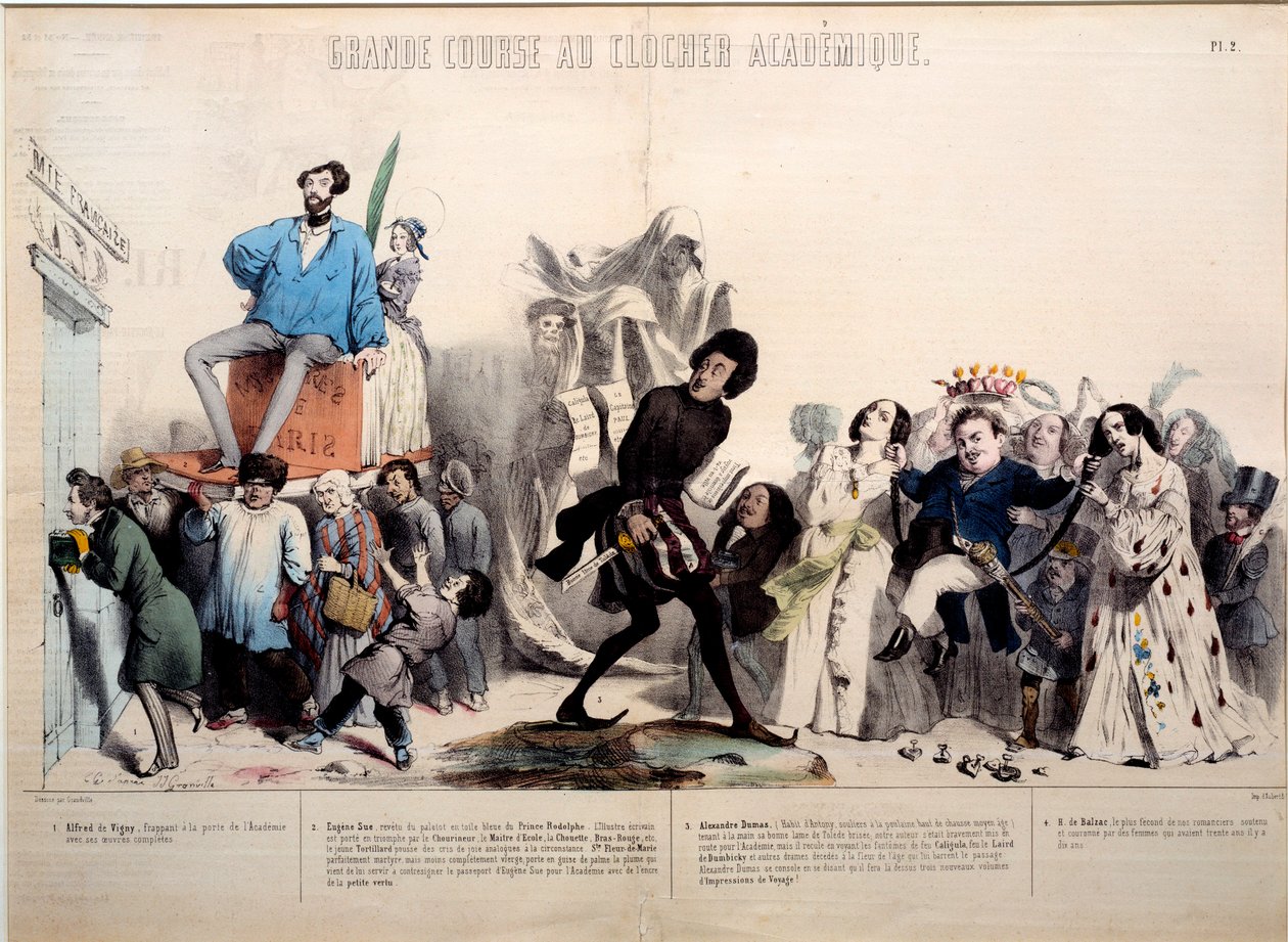Ett fantastiskt lopp till det akademiska klocktornet. Författarna Alfred de Vigny (1797-1863), Eugene Sue (1804-1857), Alexandre Dumas (1802-1870) och Honore de Balzac (1799-1850) uppmärksammas. Gravyr av Gerard Grandville (1803-1847) av Grandville
