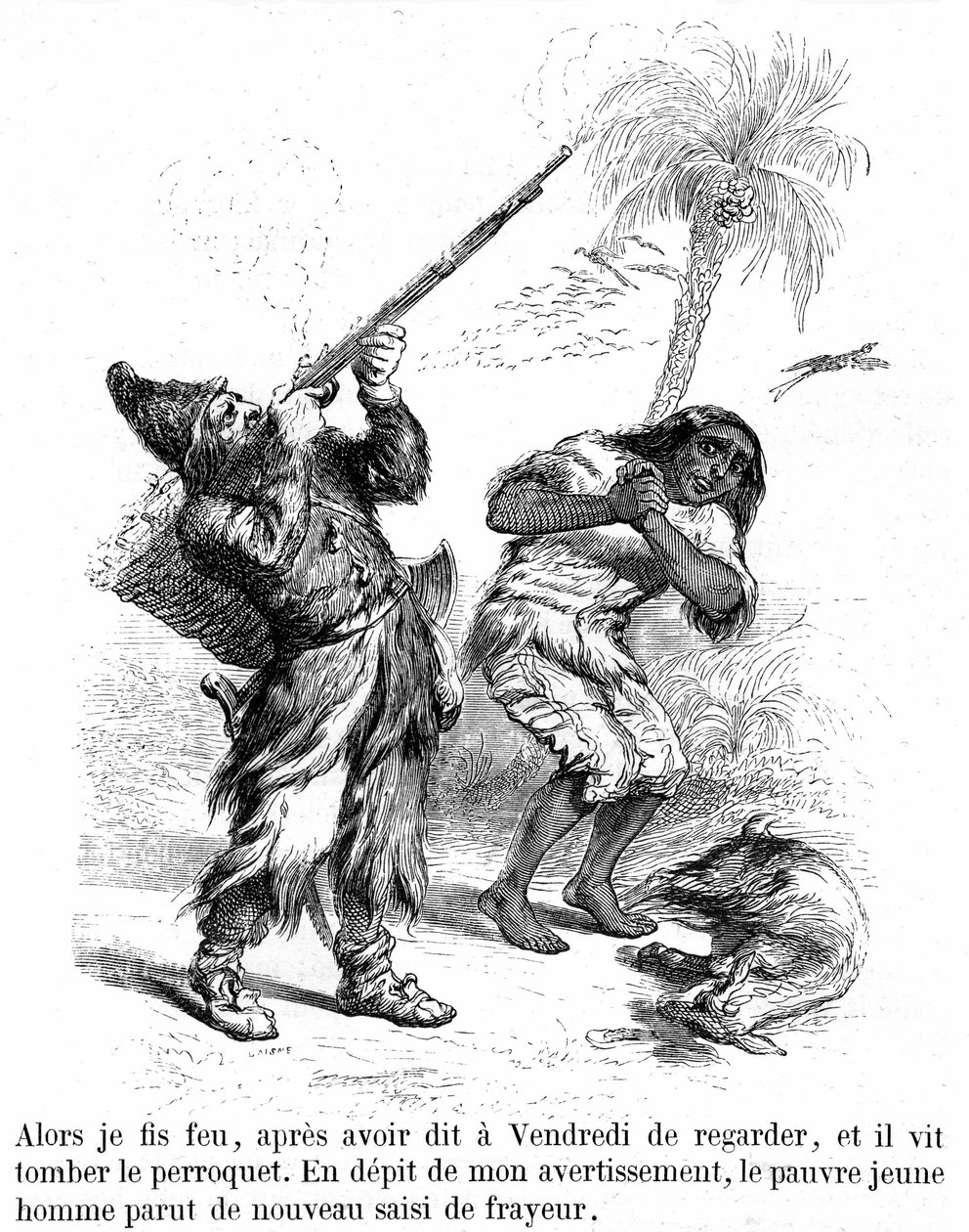 Illustration till romanen Robinson Crusoe av Daniel de Foe (DeFoe) av Grandville - edition Garnier 1869 s193. Robinson skjuter med ett gevär framför en frusen fredag. av Grandville (1803 47)