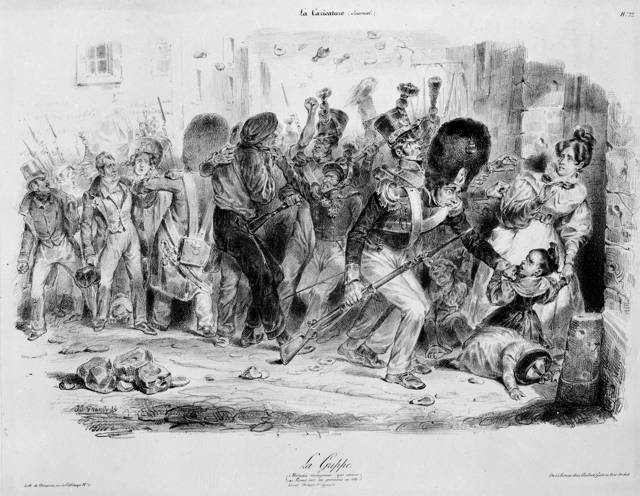 La Flu (influensa): smittsam sjukdom som utövar sin raseri på parisarna 1831 - gravering av Grandville i "La caricature"" av Grandville