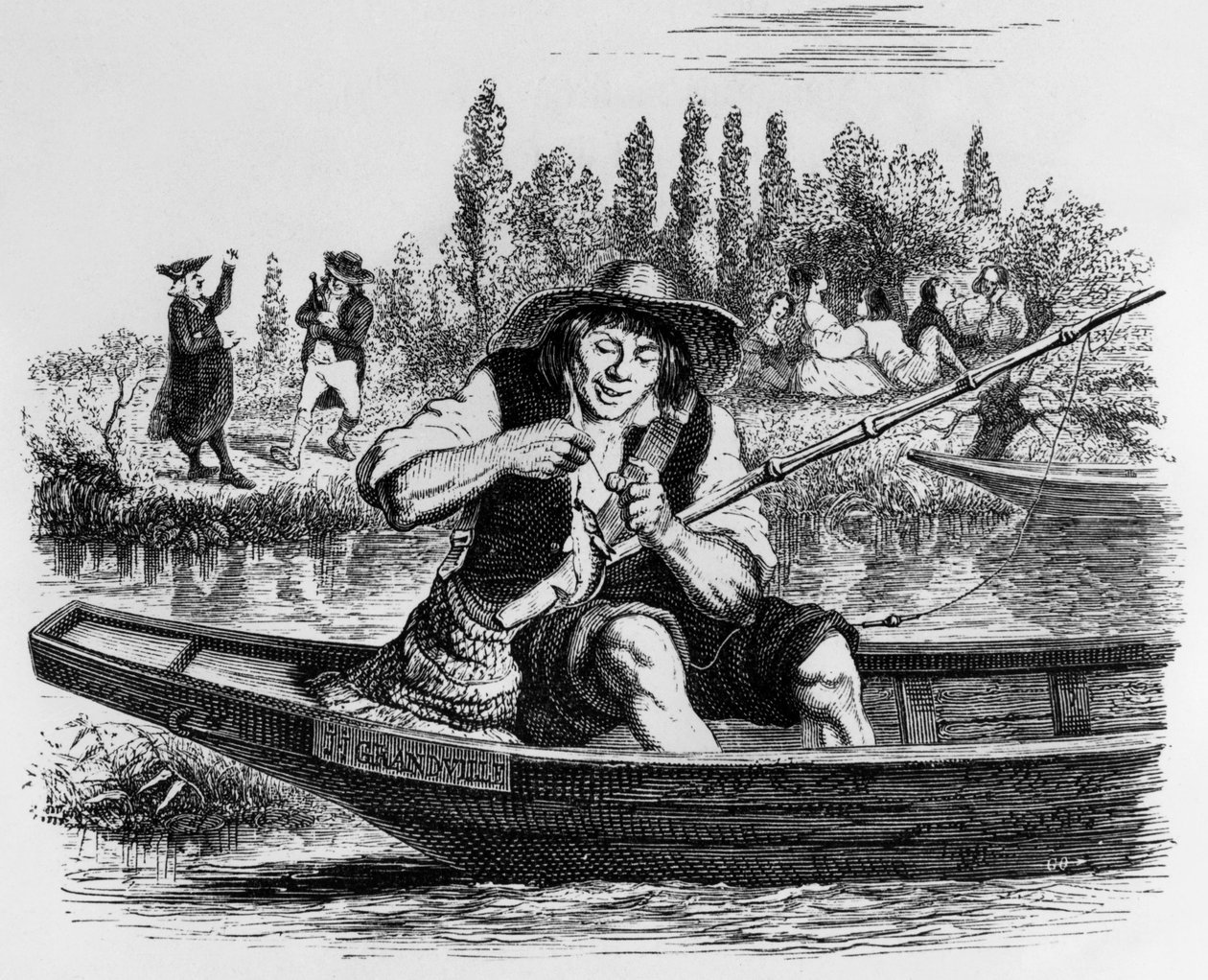 La Fontaines fabel (av Jean de La Fontaine) : Den lilla fisken och fiskaren, gravyr av J.J. Grandville, ca 1838-40 av Grandville (1803 47)