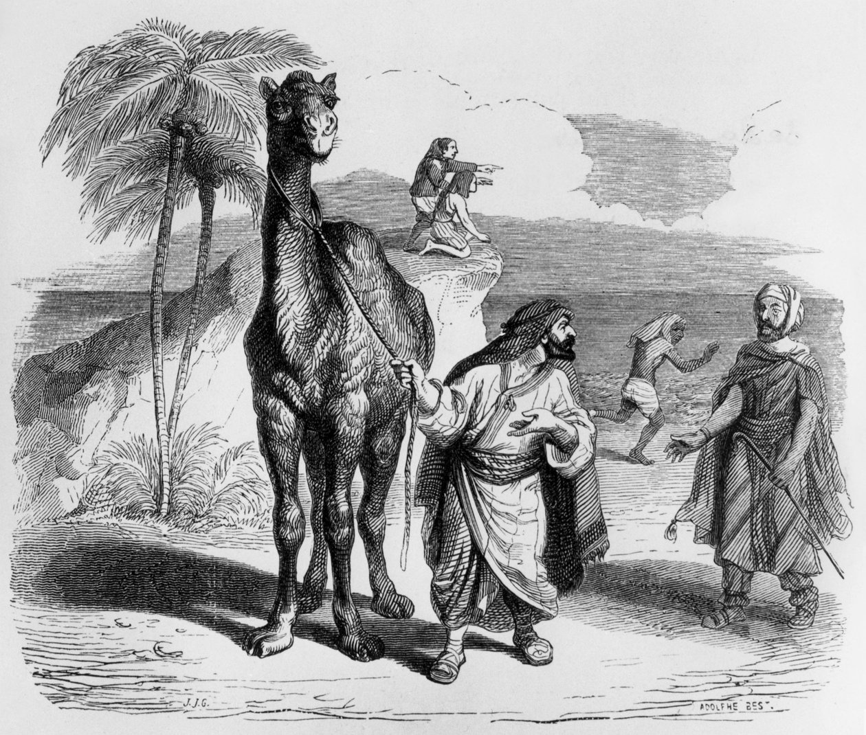 La Fontaines fabel (av Jean de La Fontaine): Kamelen och de flytande pinnarna, gravyr av J.J. Grandville, ca 1838-40 av Grandville (1803 47)