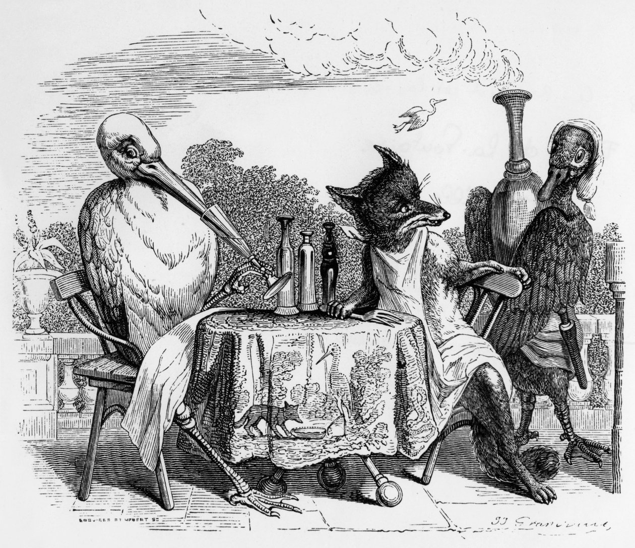 La Fontaines fabel (av Jean de La Fontaine): Räven och storken, gravyr av J.J. Grandville, ca 1838-40 av Grandville (1803 47)