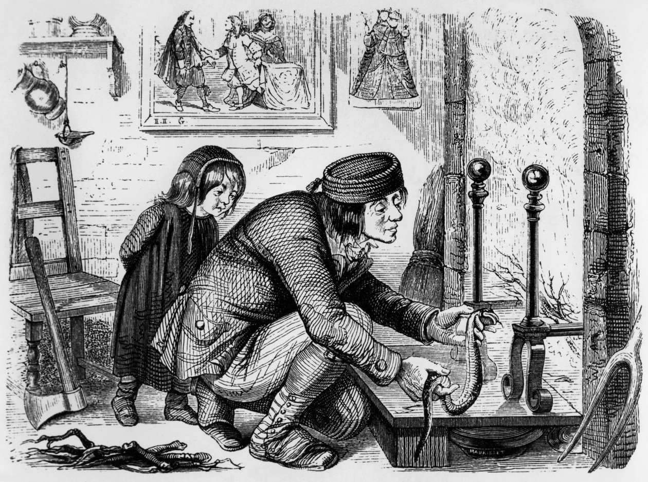 La Fontaines fabel (av Jean de La Fontaine) : bonden och huggormen, gravyr av J.J. Grandville, ca 1838-40 av Grandville (1803 47)