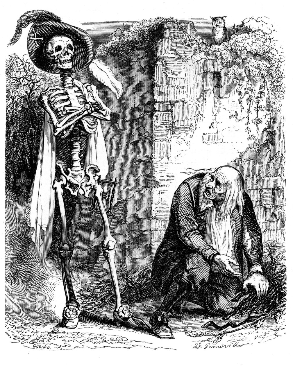 La Mort et le bucheron: fabel av La Fontaine illustrerad av Grandville. av Grandville (1803-47)