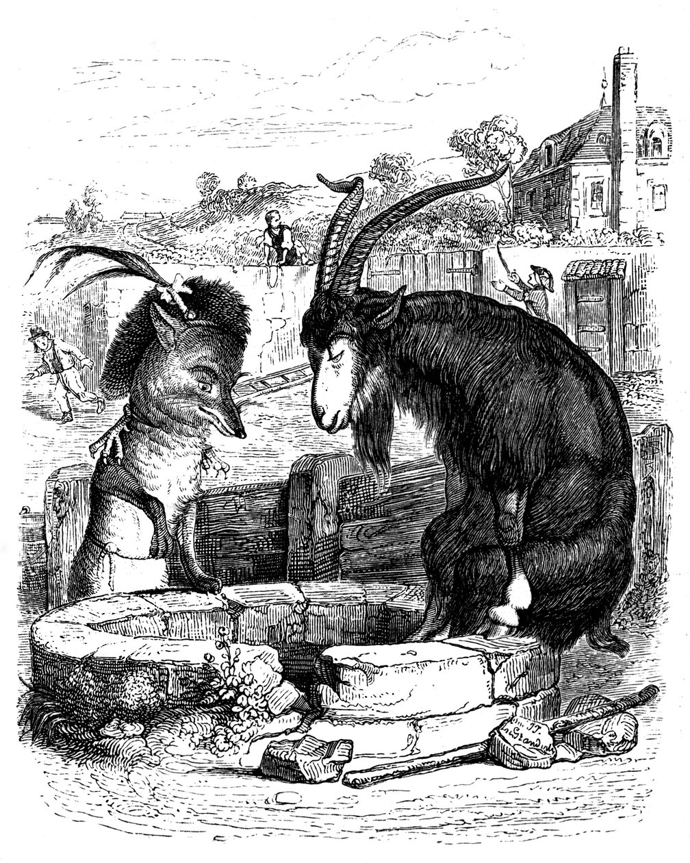 Le fox et le goat: fabel av La Fontaine illustrerad av Grandville. av Grandville (1803 47)