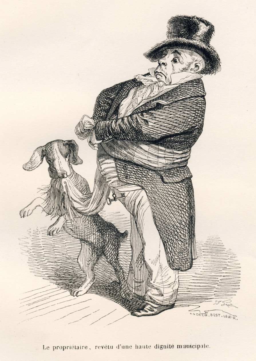 Ägaren, klädd i hög kommunal värdighet. Vinjetter illustrerade av JJ Granville. Gravyr signerad Andrew, Best och Leloir i delen med titeln "En räv fångad i fällan" skriven av Charles Nodier i "Scener från årens privata och offentliga liv av Grandville