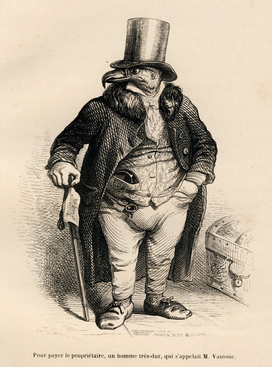 Gamen som fastighetsägare. Miniatyrer illustrerade av JJ Granville. Gravyr signerad Andrew, Best och Leloir i delen "History of a hase" skriven av PJ Stahl i "Scener från djurens privata och offentliga liv". Paris, J. Hetzel och Paulin av Grandville
