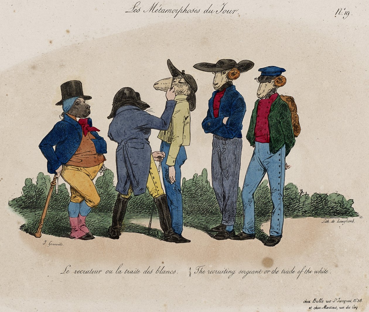 Les Metamorphoses du Jour, nr 19 (handfärgad litho) av Grandville