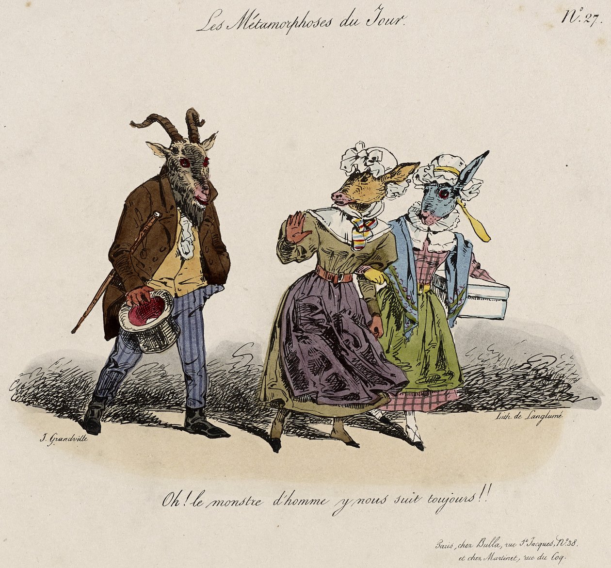 Les Metamorphoses du Jour, nr 27 (handfärgad litho) av Grandville