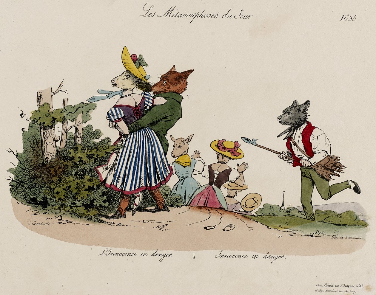 Les Metamorphoses du Jour, nr 35 (handfärgad litho) av Grandville