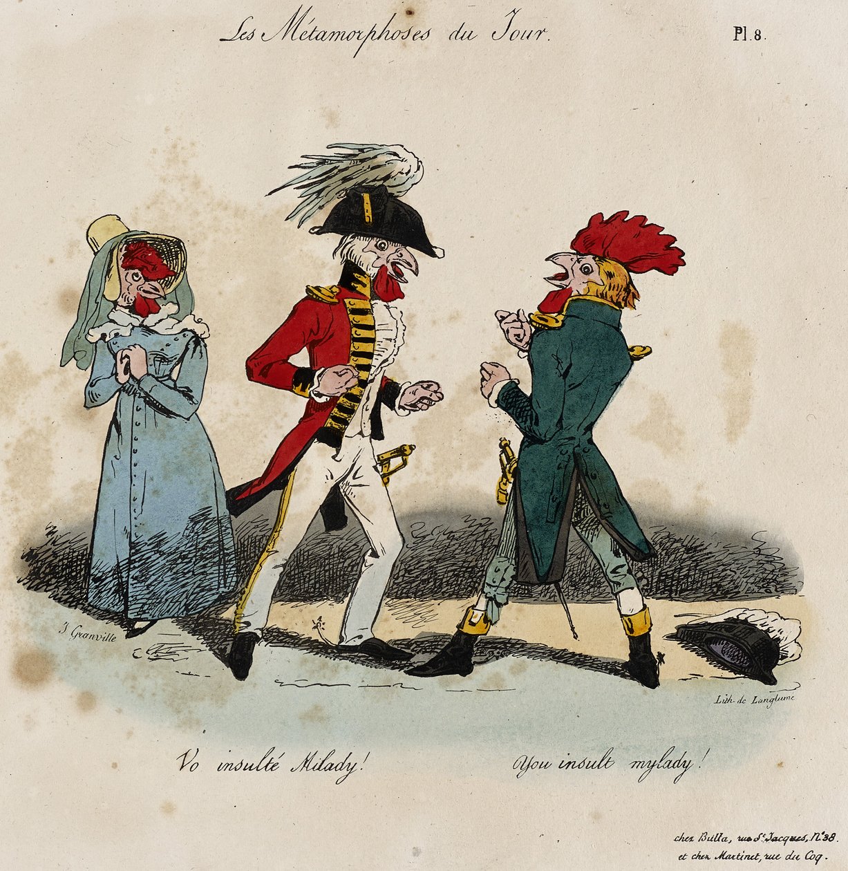 Les Metamorphoses du Jour, nr 8 (handfärgad litho) av Grandville