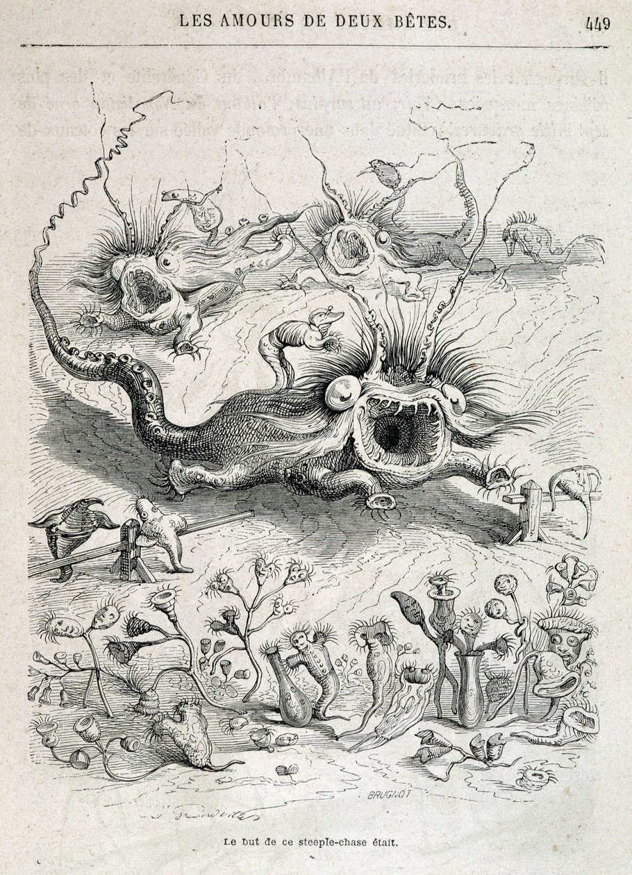 Les amours de deux beêtes (brantjakt av monster) - i "" Djur målade av dem själva: djurens privata och offentliga liv"" av Grandville, kapitel av Honoré de Balzac, red. Hetzel av Grandville