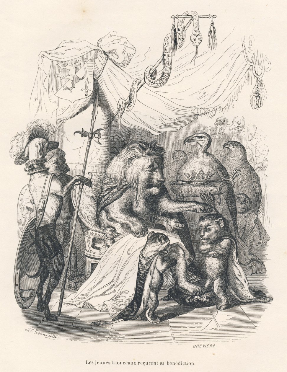 Unga lejonungar får lejonkungens välsignelse. Vinjetter illustrerade av JJ Granville. Gravyr signerad Breviere i delen med titeln "Voyage of an African lion in Paris" skriven av Honore de Balzac i "Scenes de la vie privee et publique des av Grandville
