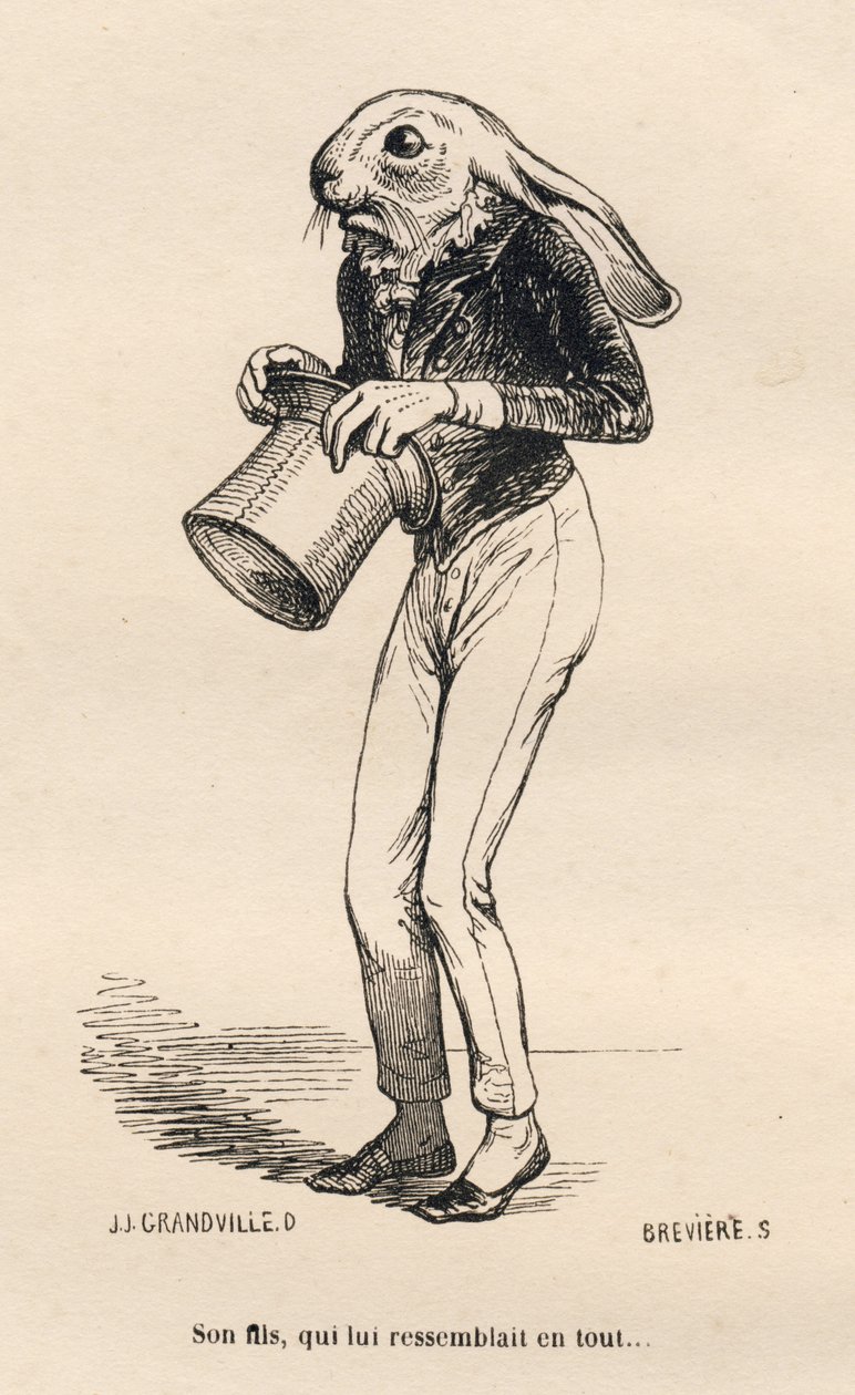 Fega Lievre i dandy kostym. Vinjetter illustrerade av JJ Granville. Gravyr signerad Breviere i delen "History of a Hare" skriven av PJ Stahl i "Scener av djurens privata och offentliga liv". Paris, J. Hetzel och Paulin av Grandville
