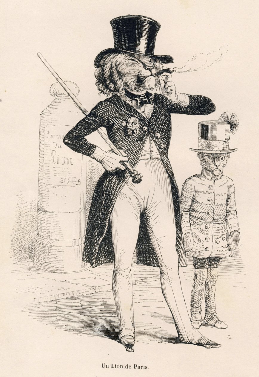 Lejon av Paris. Vinjetter illustrerade av JJ Granville. Gravyr signerad Andrew, Best och Leloir i delen med titeln "Voyage of an African lion in Paris" skriven av Honore de Balzac i "Scener av djurens privata och offentliga liv". Paris, J. Hetzel och av Grandville