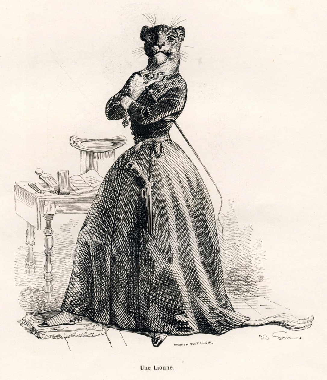 Lejoninna med en pistol och en piska. Vinjetter illustrerade av JJ Granville. Gravyr signerad Andrew, Best och Leloir i delen med titeln "Voyage of an African lion in Paris" skriven av Honore de Balzac i "Scener av djurens privata och offentliga liv" av Grandville