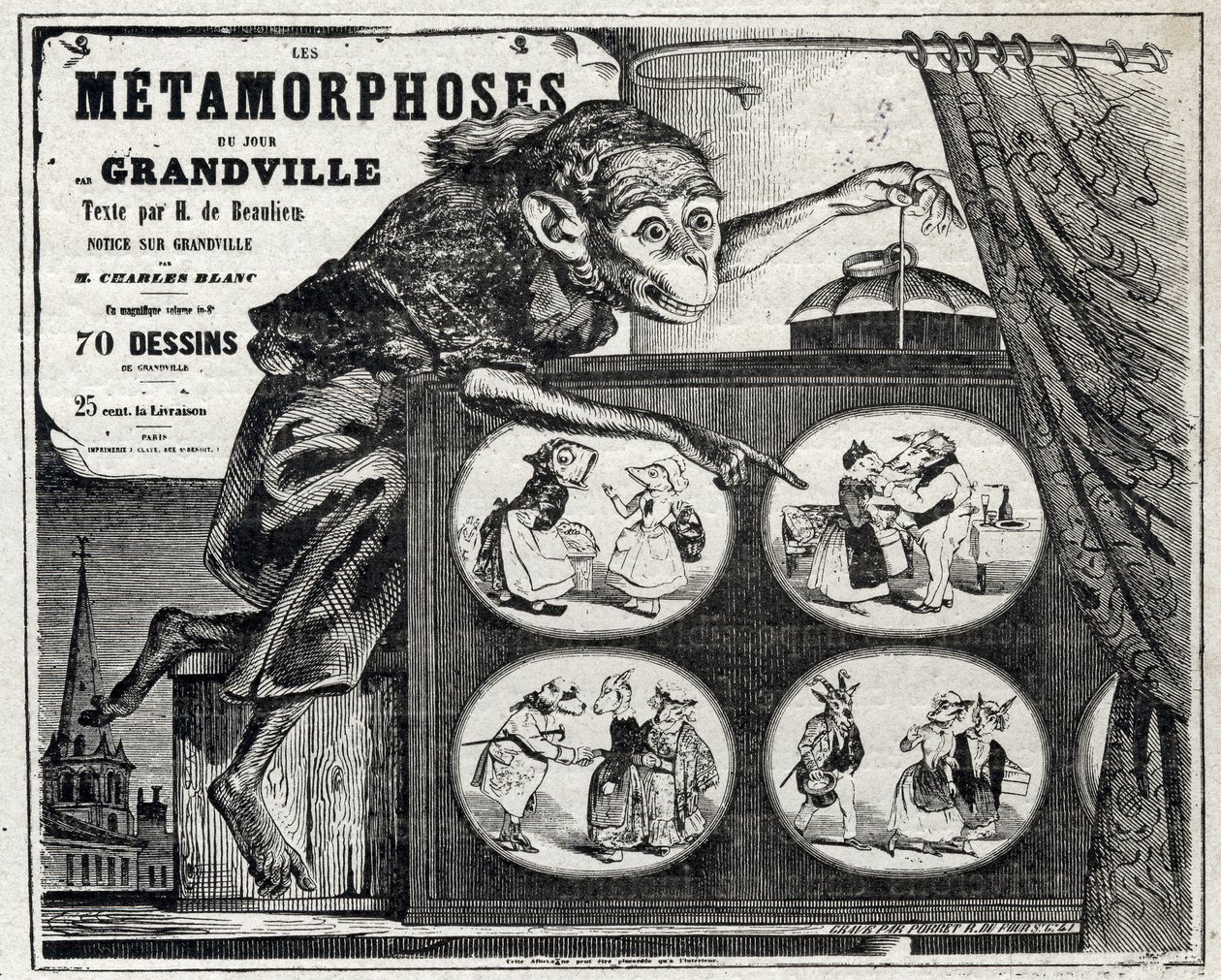 Litteratur. The Daily Metamorphosis, av karikatyrtecknaren Jean Jacques Grandville. Affisch, Frankrike av Grandville