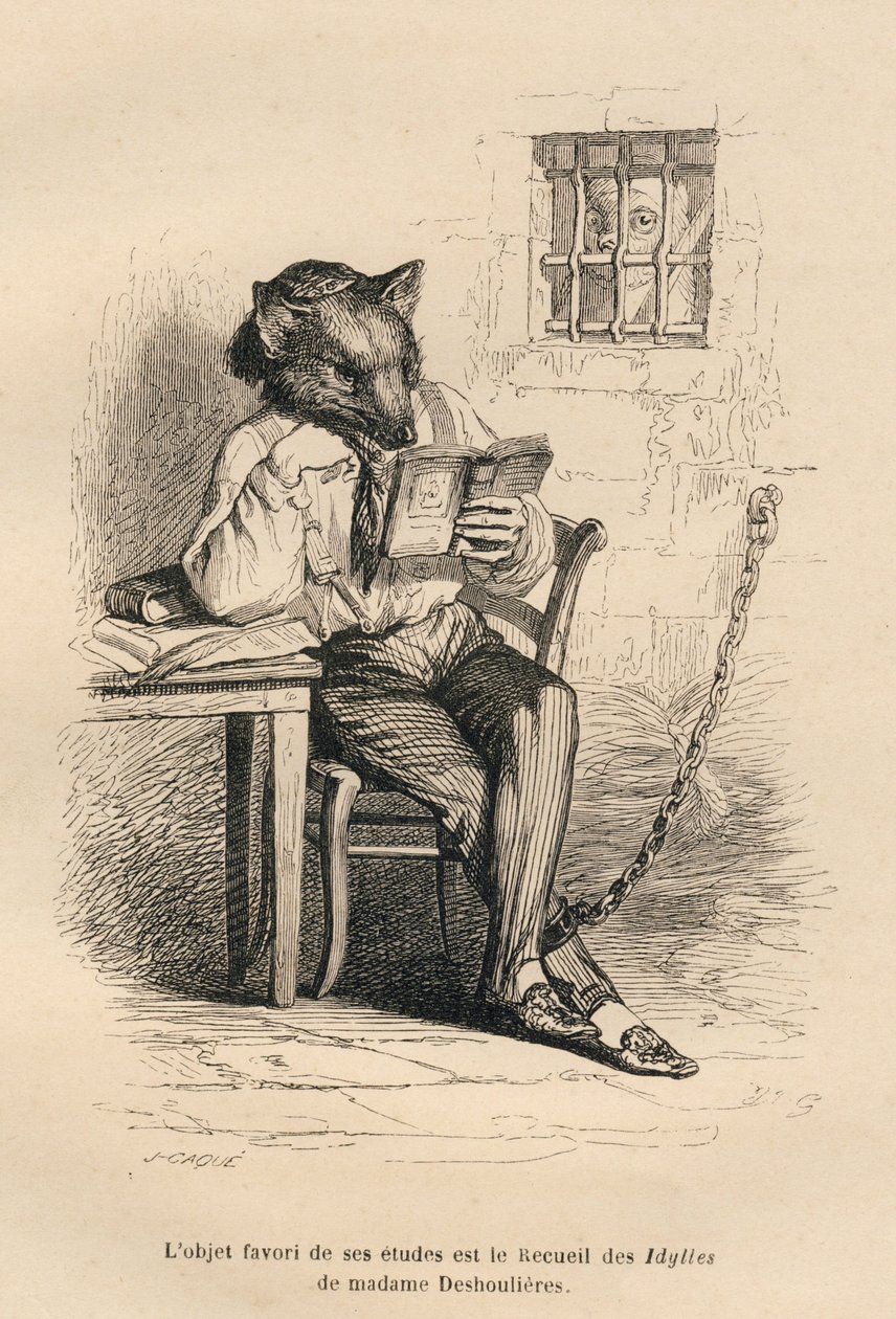Varg läser i ett fängelse. Miniatyrer illustrerade av JJ Granville. Gravyr signerad Caque i delen med titeln "Criminal Court of Animal Justice" skriven av Emile de La Bedolliere i "Scener från djurens privata och offentliga liv". Paris, J. Hetzel av Grandville