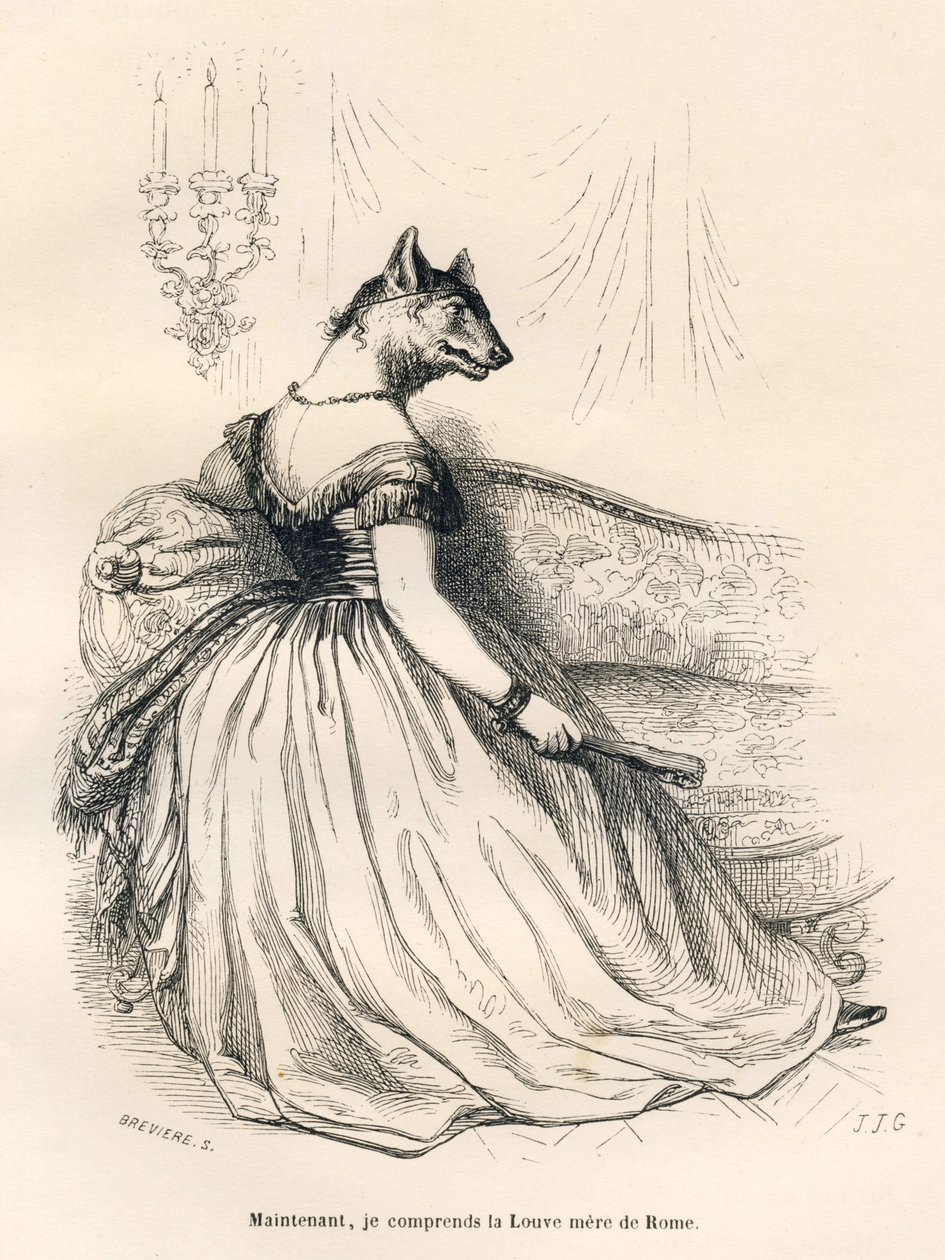 Wolf, sittande i en fåtölj. Miniatyrer illustrerade av JJ Granville. Gravyr signerad Breviere i delen med titeln "En sparvs resa från Paris" skriven av George Sand i "Scener från djurens privata och offentliga liv". Paris, J. Hetzel och Paulin av Grandville