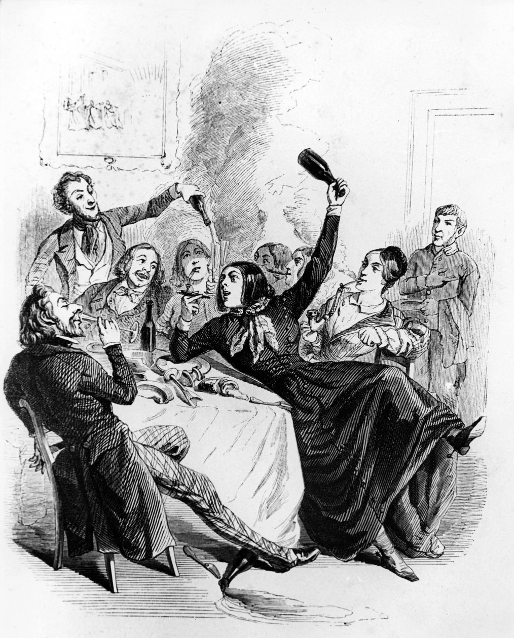 Lunch med pojkar från de 2 könen : män och kvinnor som dricker alkohol och röker, teckning av Jean Ignace Isidore alias JJ Grandville av Grandville (1803 47)